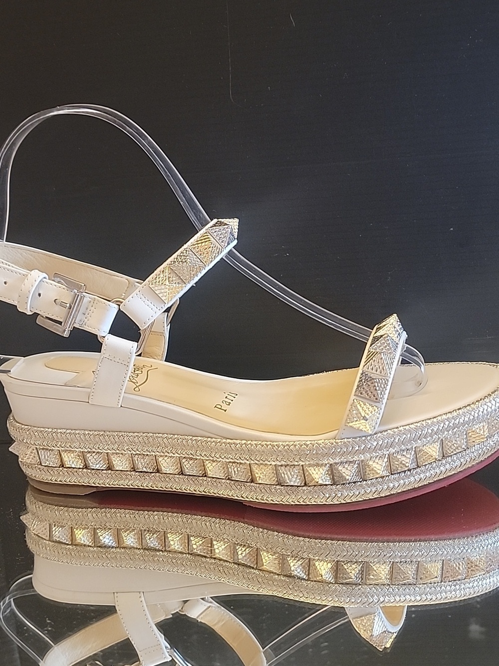 Christian Louboutinn White Kid Leather  Studded Sandals with Gold Accents Sz36 - Picture 4 of 14